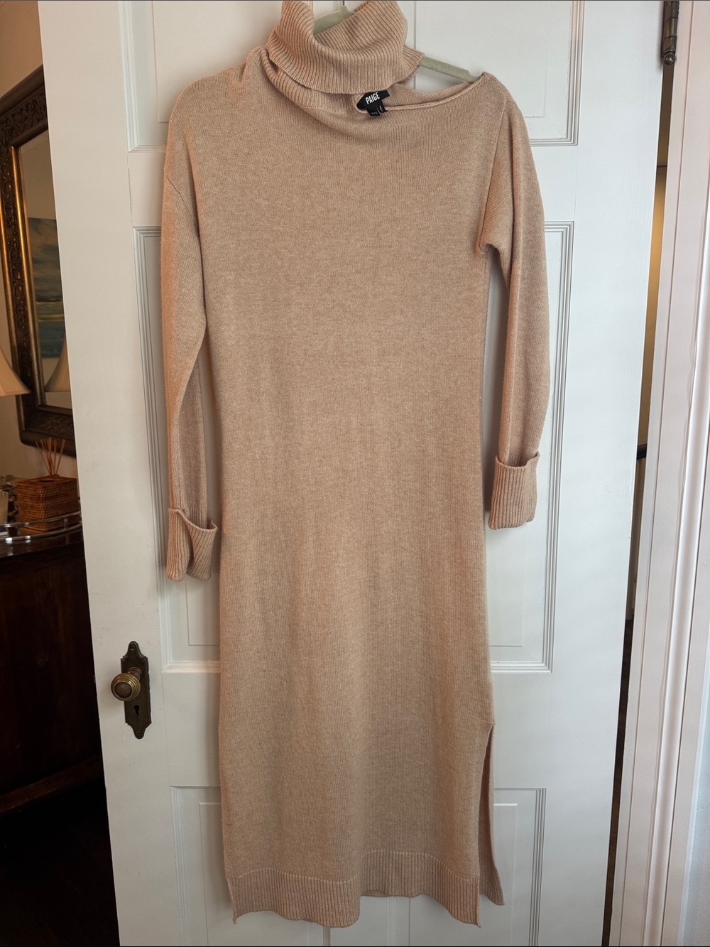 PAIGE Camel Long-Sleeve Turtleneck Midi Dress